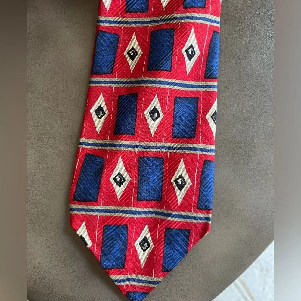 Vintage Robert Talbott Silk Tie Red Blue Geometric Diamond Print 90s Menswear